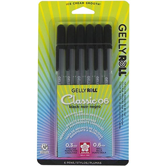 Sakura 57381 6-Piece Gelly Roll Classic-06 Gel Pen Set, Fine, Black