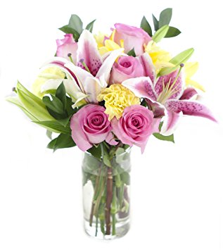 Summer Birthday Bouquet of Pink Roses, Mixed Lilies, Yellow Carnations and Lush Greens with Vase - by KaBloom