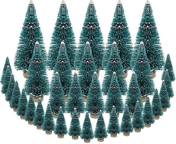 DECARETA 35 PCS Sisal Trees Mini Green Bottle Brush Trees with Wood Base Artificial Snow Frost Trees Ideal for Christmas DIY Craft Party Decoration (4 Size)