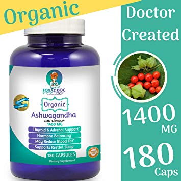 Organic Ashwagandha 180 Caps - 1400 MG - Thyroid & Hormone & Adrenal Support with BioPerine Pepper