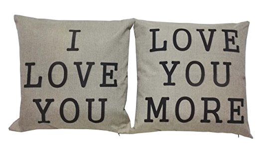 Lydealife （TM）18 X 18" Cotton Linen Decorative Couple Throw Pillow Cover Cushion Case Couple Pillow Case, Set of 2 - I Love You & Love you More LD094