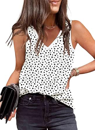 EVALESS Tank Tops for Women 2024 Casual V Neck Summer Tops Sleeveless Polka Dots Shirts Sexy Going Out Tops Loose Fit T Shirt