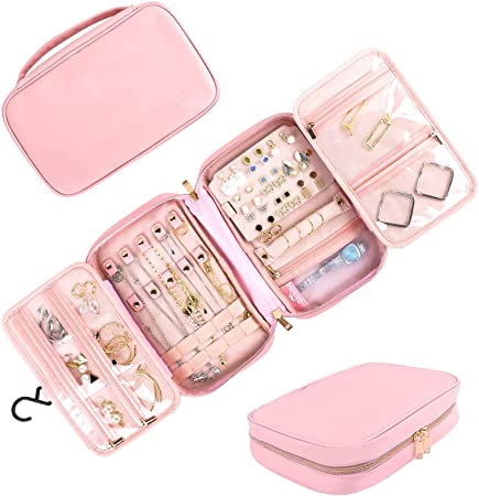 MATEIN Travel Jewellery Organiser Bag, Portable Jewellery Roll Leather Jewlerrying Case for Women Girls, Waterproof Hanging Jewelry Storage Bag for Necklace Earrings Rings Bracelets, Pink