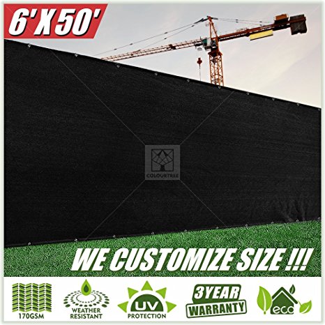 ColourTree 6' x 50' Fence Privacy Screen Windscreen Cover Fabric Shade Tarp Netting Mesh Cloth Black - Commercial Grade 170 GSM - Heavy Duty - 3 Years Warranty - CUSTOM SIZE AVAILABLE