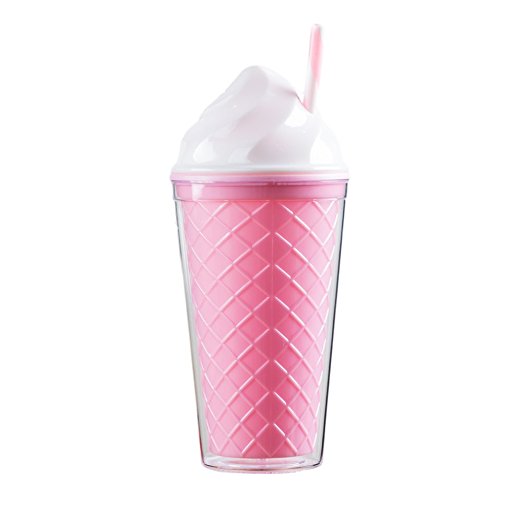Bewaltz Ice Cream Double Wall To Go Cold Cup Tumbler with Straw BPA Free 16 oz. (Pink Cone)