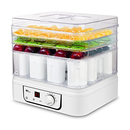 Amzdeal Food Dryer Yoghurt Maker 2-In-1 Fruit Dehydrator Food Preserver with Timer and Adjustable Temperature Control (4 Tier, 12 Jars, White, 260W)