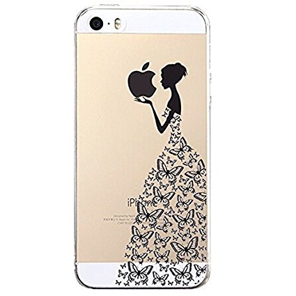 iPhone SE Case, JAHOLAN Beautiful Clear TPU Soft Case Rubber Silicone Skin Cover for iPhone 5/5S/SE - Black Beautiful Butterfly Girl