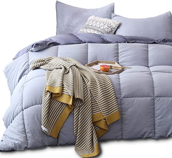 KASENTEX All Season Quilted Comforter Set- Reversible Ultra Soft Duvet Insert-Down Alternative Fill- Machine Washable (California King Set, Quartz Silver/Pebble Grey)