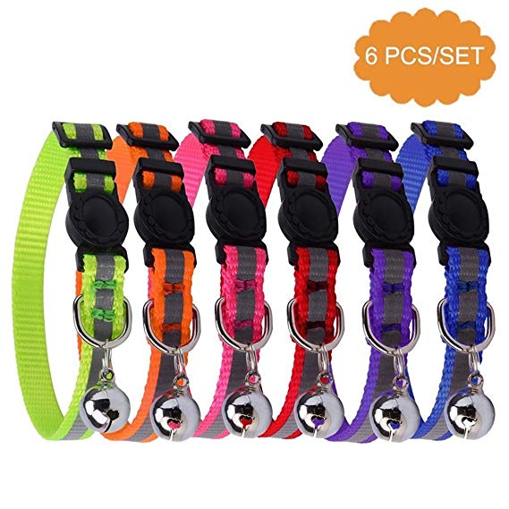 BINGPET 6PCS Reflective Adjustable Cat Collars Safety Quick Release with Bell