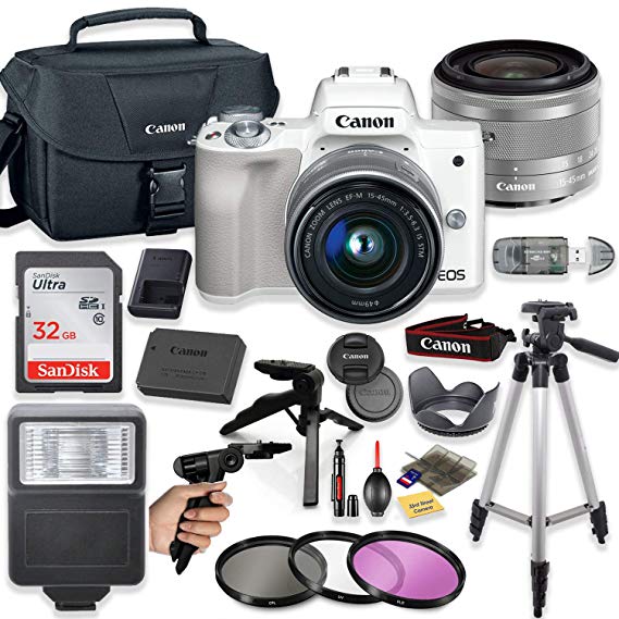 Canon EOS M50 Mirrorless Digital Camera (White) with 15-45mm STM Lens   Deluxe Accessory Bundle Including Sandisk 32GB Card, Canon Case, Flash, Grip Multi Angle Tripod, 50" Tripod, Filters and More.