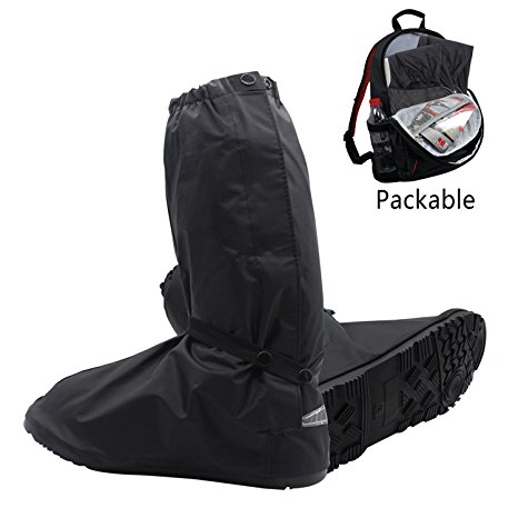 Resuable Shoes Cover - Portable Waterproof Motorcycle Bike Boot Shoes Cover, Rainstorm Rainy Day Rain Gear Shoes Boots Cover with Side Zippered and Velcro for Men Women (US 9.5-14.5) (Black, L)