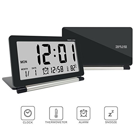 Electronic Alarm Clock, Travel Clock, KLAREN Multifunction Silent LCD Digital Large Screen Folding Desk Clock with Temperature, Date, Time, Calendar