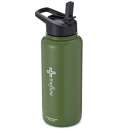 Water Bottle Stainless Steel BPA & Toxin Free - Double Walled Thermal Insulated Wide Mouth Flask - Coldest Sports Outdoor Drinking - 32 oz with STRAW Lid - GREEN