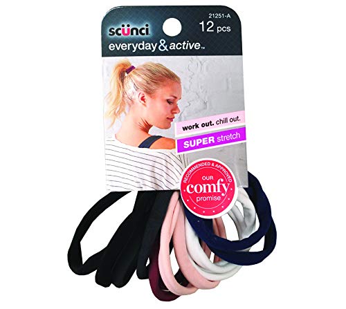 Scunci Everyday & Active Work Out Chill Out Super Stretch Comfy, 12 count Elastics, Black, Plum Pink, Blue, White
