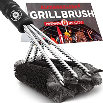 BBQ Grill Brush. Triple Head Design. Stainless Steel Bristles, 18 Inches Long