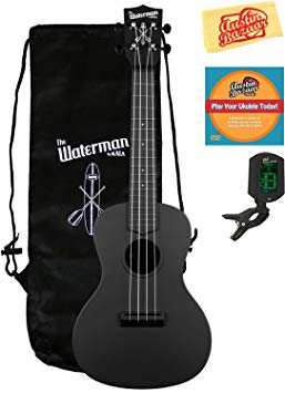 Kala KA-CWB-BK Waterman Concert Ukulele - Matte Black Bundle with Gig Bag, Tuner, Austin Bazaar Instructional DVD, and Polishing Cloth