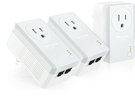 TP-LINK TL-PA4020P TKIT AV500 2-Port Powerline Adapter w Power Outlet Pass-Through 3-Pack Kit Up to 500Mbps