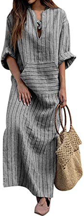 FLORHO Women's Maxi Dresses Solid Kaftan Loose Cotton Long Dress Improve for Americans