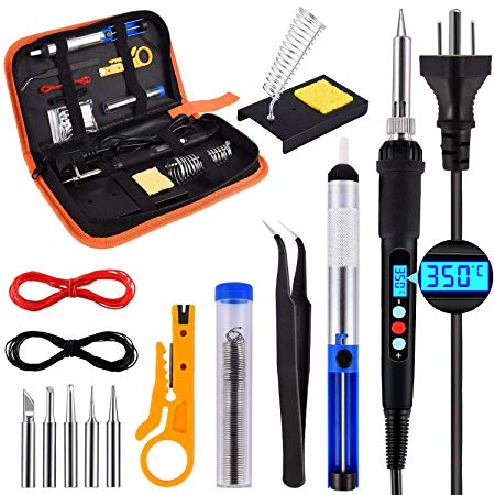 Soldering Iron Kit, 60W 14-in-1 Adjustable Temperature Welding Iron with LCD Display, ON/OFF Switch, 180-500℃, 5Pcs Soldering Iron Tips, Desoldering Pump, Tweezers, Stand, Solder, PU Storage Bag