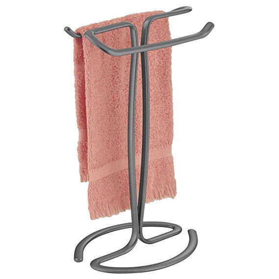 mDesign Decorative Metal Fingertip Towel Holder Stand for Bathroom Vanity Countertops to Display and Store Small Guest Towels or Washcloths - 2-Sided, 13.8" High - Graphite Gray