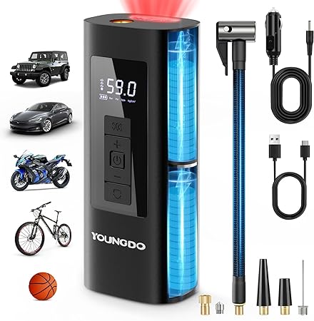 YOUNGDO Tire Inflator Portable Air Compressor, 6000mAh Electric Air Pump for Car Tires with LED Light, 150PSI Cordless Tire Pump with Digital Pressure Gauge for Car Tires Motorcycle Bike Balls