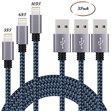 Sundix iPhone Charger 3Pack 3FT 6FT 10FT Lightning to USB Braided Cable with Aluminum Connector Compatible with iPhone 7/ 7Plus/ 6/ 6S/ 6 Plus/ 6S Plus, 5C/5S/5, iPad/iPod(Blue/Black)