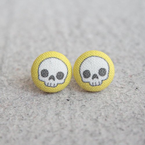 Yellow Cute Skull Fabric Button Earrings