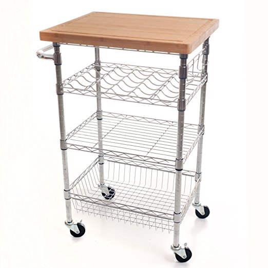 Lavish Home Chrome Wine Dining Cart with Butcher Block Bamboo Top