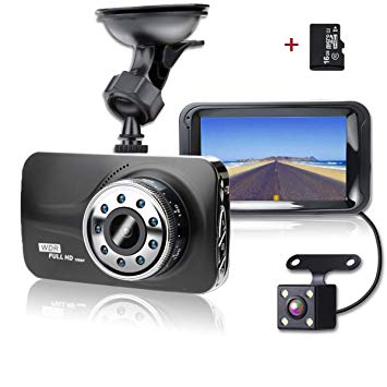 SHISHUO Dash Cam Front and Rear - Premium 1080P 3" LCD Vehicle Dual Recording Cameras with 16GB Micro SD Card, Built In G-Sensor, Motion Detect, Parking Monitor, HDR Night Vision