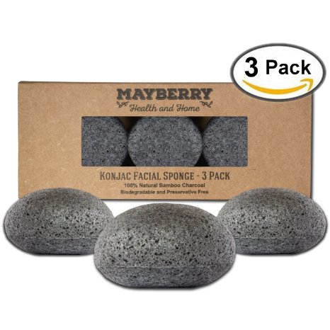 Konjac Exfoliating Sponge with Bamboo Charcoal - 3 Pack - 100 Natural Charcoal Face Sponge for Improving Skins Look and Feel - Face Charcoal Sponge with Attached String for Hanging to Dry