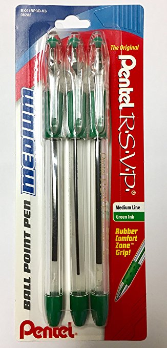 Pentel R.S.V.P. Ballpoint Pen, 1.0mm Medium Tip, Green Ink, 3 Pack