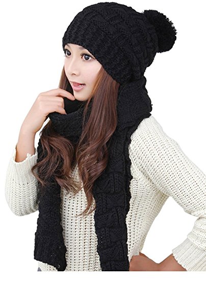 OURS Women's Cable Knitted Beanie Cap with Pom Pom   Knitted Scarf Two Peice Set