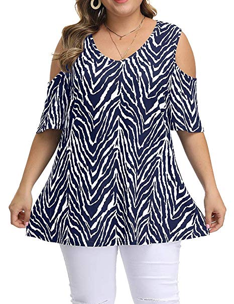 Allegrace Women's Plus Size Floral Printing Cold Shoulder Tunic Top Short Sleeve V Neck T Shirts