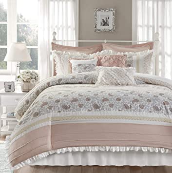 Madison Park Dawn 9 Piece Duvet Set 100% Cotton Paisley, Pintucked Design, Lace Accent, Embroidered Toss Pillows, Shabby Chic, All Season Comfoter Cover, Matching Shams, Bedskirt, Queen, Blush