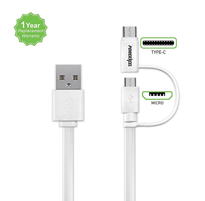 Powerxcel Type C - Micro cable, Powerxcel's 2 in 1 flat Micro USB Cable with USB C Connector for New Macbook 12 inch, ChromeBook Pixel,and Other Devices with Micro USB - White