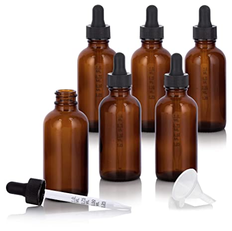 2 oz / 60 ml Amber Glass Boston Round Graduated Measurement Glass Dropper Bottle (6 pack)   Funnel for essential oils, aromatherapy, e-liquid, food grade, bpa free