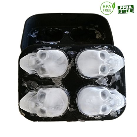 3D Skull Silicone Ice Cube Mold Tray,Vivid Skull Mould,Four Cavity,Ice Cube Maker in Shapes for Whiskey Ice , Cocktails ,Cola,ADD，BLACK