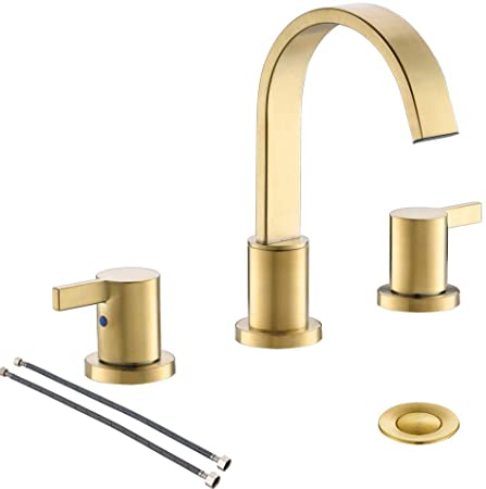 8 inch 2 Handle Waterfall Widespread Brushed Gold Bathroom Sink Faucet with Metal Pop-Up Drain by PHIESTINA, WF040-1-BG