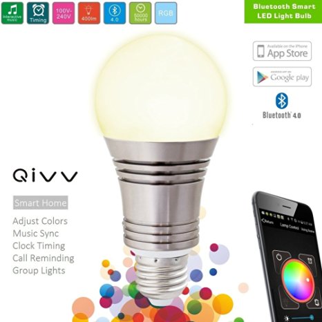 QIVV Bluetooth Smart Led Light Bulb-Smartphone Controls Dimmable Multicolored Color Color Changing Smart Led Bulb --Works with iPhone, iPad, Android and Tablets - 60 Watt Equivalent