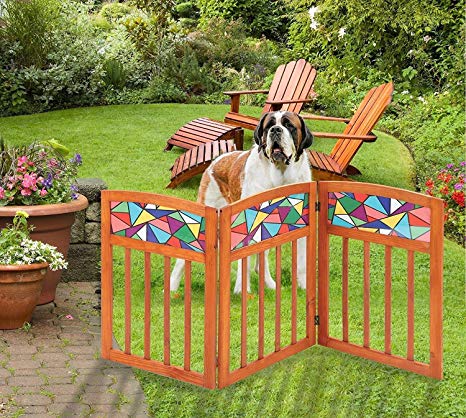 Indoor/Outdoor Stained Glass Folding Solid Wood 3 Section Pet Gate