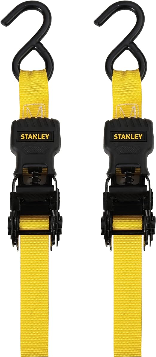 Stanley S10002 Black/Yellow 1" x 10' Ratchet Tie Down Straps - Light Cargo Hauling (1,500 lbs Break Strength), 2 Pack