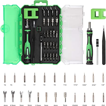 27 Pieces Precision Ratcheting Screwdriver set with Chrome Vanadium bits, Tweezers, Extension Bar, Mini sockets, Mini Spanners and carry on case