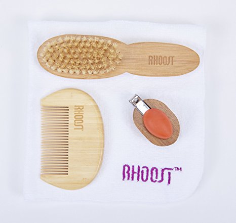 Rhoost All Natural Wood Grooming Kit, Best Baby Wooden Hair Brush and Comb Set, Ergonomically Designed Nail Clipper and Washcloth for Newborns & Toddlers - Natural Bristles, Cotton Bib Washcloth