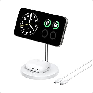 Anker Wireless Charging Stand, PowerWave 2-in-1 Magnetic Stand Lite with USB-C Cable, Compatible with iPhone 15/15 Pro/15 Plus/15 Pro Max/14/13 and AirPods 2/Pro - No AC Adapter Included (Qi2 White)