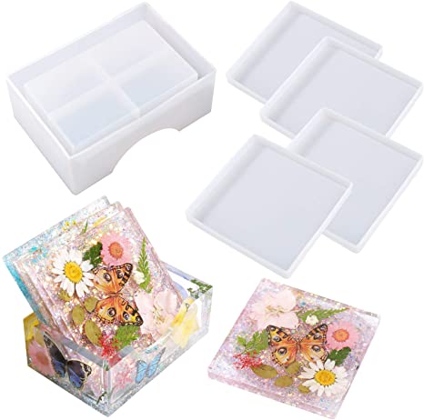 LET'S RESIN Square Resin Molds, Thickening Coaster Resin Molds with Coaster Holder Molds and Wooden Support, Coaster Molds for Resin Casting, Cups Mats, HomeDecoration