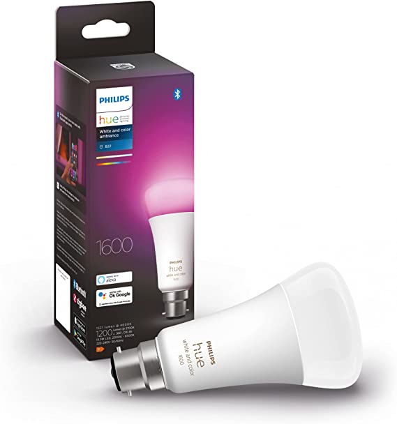 Philips Hue White & Colour Ambiance Single Smart Bulb LED [B22 Bayonet Cap] - 1600 Lumens (100W Equivalent). Works with Alexa, Google Assistant and Apple Homekit, 929002471501