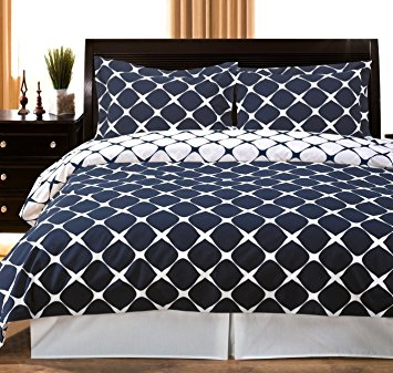 Navy and White Bloomingdale 3-PC King / Cal-King Duvet Cover Set, 100% Cotton 300 TC