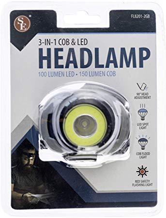 SE 3-in-1 COB and LED Headlamp with Adjustable Headband, White Body with Black Strap - FL8201-2GB