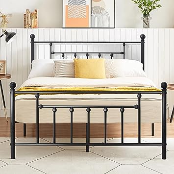 VECELO Full Size Platform Bed Frame with Headboard and Footboard, Heavy Duty Steel Slat Support/No Box Spring Needed Mattress Foundation/Underbed Storage Space/Easy Assemble, Victorian Style, Black