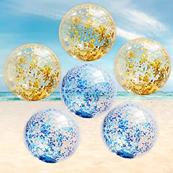 Beach Ball Glitters Inflatable Confetti Ball Clear Beach Balls Bulk 6 Pack Swimming Pool Water Toys Balls Outdoor Summer Party Birthday Favors for Kids Adults 16 Inch